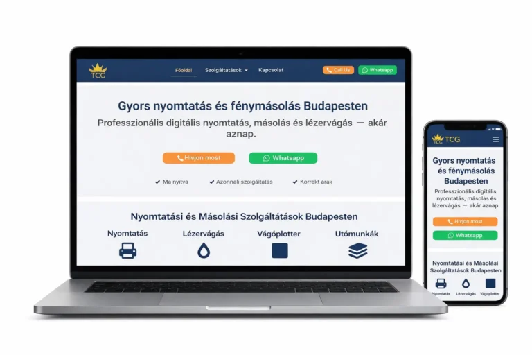 Reszponzív weboldaltervezés egy budapesti nyomtatási és fénymásolási szolgáltató központ számára, laptopon és okostelefonon megjelenítve